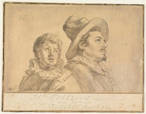 Zwei Männer, möglicherweise Jan Matthijs Ban und Philips van Winghe (recto). Junge mit Hut, zur Hälfte. In seinen Armen hält er einen toten Greis (verso) von Hendrick Goltzius