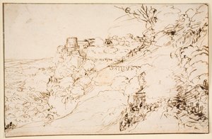 Landschaft mit burgähnlichem Gebäude auf Bergvorsprung