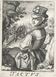Gefühl (Tactus), eine Frau mit einem Vogel (Die fünf Sinne) von Hendrick Hondius (rejected attribution)