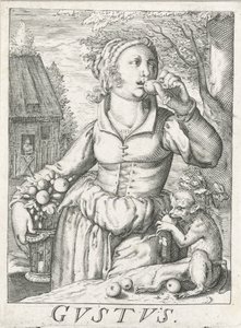 Geschmack (Gustus), eine Frau mit Früchten von Hendrick Hondius (rejected attribution)