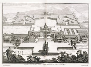 Schloss Howard in Yorkshire, aus "Vitruvius Britannicus" oder "Der britische Architekt, der die Pläne, Erhebungen und Abschnitte der regelmäßigen Gebäude sowohl öffentlich als auch privat in Großbritannien enthält" von Colin Campbell