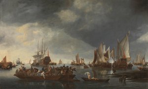Hafen mit Segelbooten und Fähre von Hendrick Jacobsz. Dubbels