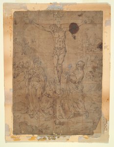 Christus am Kreuz zwischen der Jungfrau und St. Johannes mit Szenen der Passion im Hintergrund