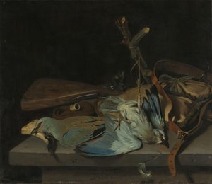 Stillleben mit Jagdutensilien und Vögeln von Hendrick ten Oever