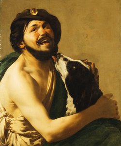 Ein lachender Bravo mit einem Hund, 1628