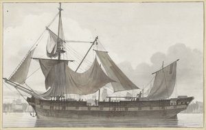 Dreimaster unter Notbesegelung, läuft mit schwachem Wind in einen Hafen ein von Hendrik Abraham Klinkhamer