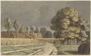 Kornfeld zwischen Häusern unter einem drohenden Gewitterhimmel in Hilversum