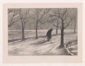 Mann auf Krücken in einer Winterlandschaft von Hendrik Adriaan Christiaan Dekker