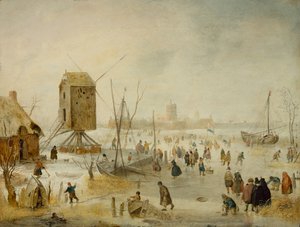 Winterlandschaft mit Schlittschuhläufern auf einem Fluss bei einer Windmühle von Hendrik Avercamp