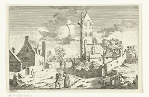 Dorfansicht mit Häusern und Turm an einem Sandweg mit Figuren von Hendrik Berg