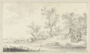Landschaft mit einer Gruppe von vier Personen, links Vieh
