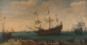Eine Anzahl von Ostindienfahrern vor der Küste (Die Mauritius und andere Ostindienfahrer segeln aus dem Marsdiep)