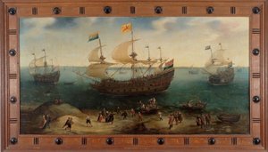 Das Amsterdamer Viermastschiff De Hollandse Tuyn und andere Schiffe kehren unter dem Kommando von Paulus van Caerden aus Brasilien zurück