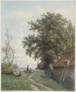 Bauernhof mit einigen Figuren, rechts eine Scheune und großer Baum