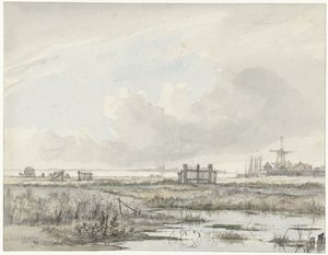 Sumpfige Landschaft außerhalb einer Stadt von Hendrik Gerrit ten Cate
