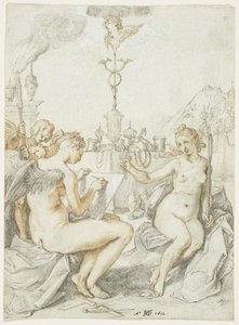 Allegorie auf die Kunst des Zeichnens mit dem Emblem des Künstlers, 1612 (Tinte, Kreide & Gouache auf Papier) von Hendrik Goltzius