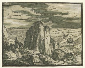 Aus einem Satz von 4 Landschaften: Klippe am Meer von Hendrik Goltzius