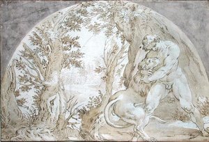 Herkules und der Nemeische Löwe von Hendrik Goltzius
