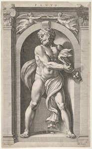 Pluto, auf der Rückseite Skizzen einer Figur, vier Köpfe und eine Säule, 1592 von Hendrik Goltzius