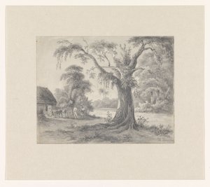 Landschaft mit einem Baum und Hütte mit Pferd und Wagen und zwei Figuren von Hendrik Huygens (signed by artist)