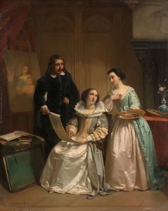 Gerard van Honthorst zeigt Amalia van Solms die Zeichnungen seiner Schülerin Louise von Böhmen von Hendrik Jacobus Scholten
