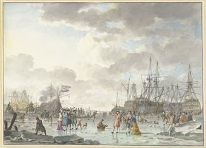 Frostmesse auf einem gefrorenen Fluss mit Schiffen von Hendrik Kobell