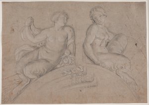 Zwei weibliche Satyrfiguren (Faune) auf einem Segmentbogen von Hendrik Krock