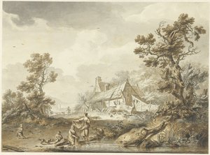 Bauernhof mit waschenden Frauen im Vordergrund von Hendrik Meijer