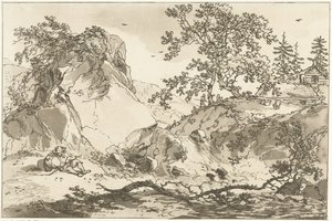 Hügelige Landschaft mit einem ruhenden Mann (Zwölf Entwürfe für das Landschaftszeichnen) von Hendrik Meijer