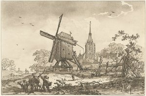 Landschaft mit einer Windmühle und einer Kirche von Hendrik Meijer