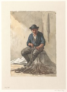 Sitzender Fischer, der an einem Seil arbeitet von Hendrik Valkenburg