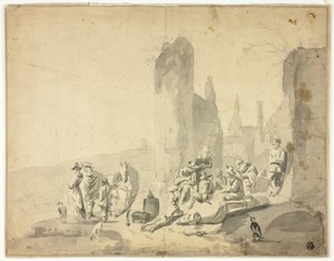 Hafenszene mit verschiedenen Figuren von Hendrik Verschuring