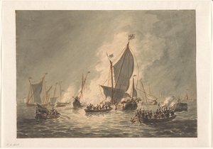 Zerstörung und Verbrennung der spanischen Schiffe durch die Wassergeusen bei Den Briel, 1572 von Hendrik Vettewinkel