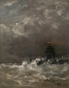 Leuchtturm in brechenden Wellen von Hendrik Willem Mesdag