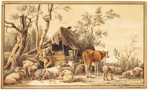 Ein Schäfer mit seiner Herde bei einem Schuppen von Hendrik Willem Schweickhardt