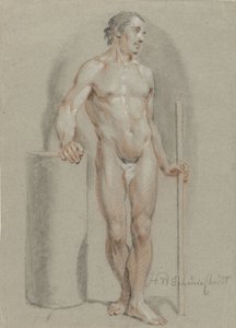 Stehender männlicher Akt, mit einem Stock in der Hand, auf einen Atelierzylinder gestützt von Hendrik Willem Schweickhardt