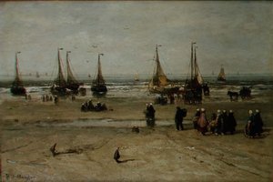 Küstenlandschaft mit Fischerbooten und Fischern von Hendrik William Mesdag