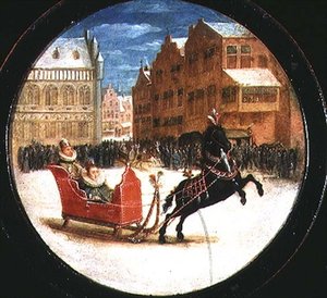Winterlandschaft mit Figuren in einem Pferdeschlitten