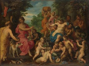 Diana wird von Bacchus und seinem Gefolge Wein und Früchte angeboten