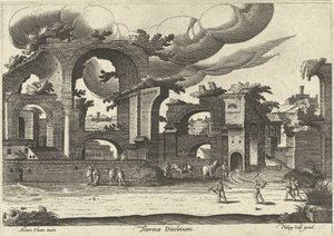 Ruinen der Diokletiansthermen von der Seite mit zwei Männern, die im Vordergrund Krocket spielen, 1585 von Hendrik van Cleve III