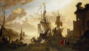 Navigation in Livorno (Italien), zwei Schiffe am Dock festgemacht, idealisierte Beschreibung des Haupthafens der Toskana, des maritimen Kreuzungspunkts zwischen dem Osten und der muslimischen Welt, dargestellt durch das Kamel und nicht-europäische Figuren, von Hendrik van Minderhout