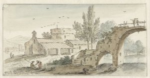 Italienische Landschaft mit einer Steinbrücke von Hendrik van der Straaten