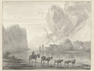 Felsige Flusslandschaft mit einem Hirten und seinem Vieh und Schafen