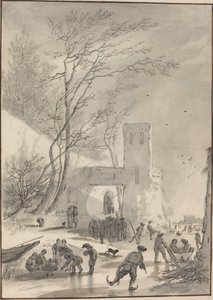 Schlittschuhläufer vor einer Stadtmauer