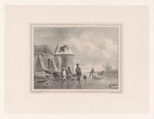 Gefrorener Teich mit Figuren bei Ruderboot und Schlittschuhläufer von Hendrikus van de Sande Bakhuyzen