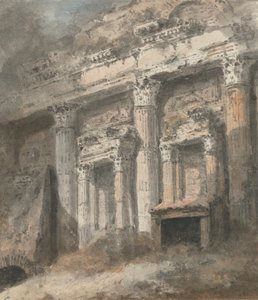 Fassade eines zerstörten (?) römischen Tempels mit Säulen und Tür
