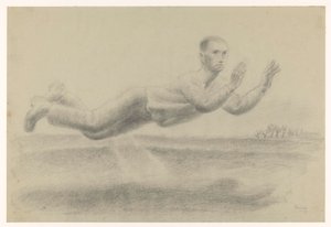 Selbstporträt mit erhobenen Händen schwebend in einer Landschaft von Henk Henriët (signed by artist)