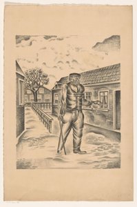 Mann mit Holzbein und Stock in einer Dorfstraße von Henk Henriët