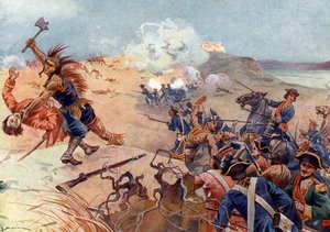 Siebenjähriger Krieg, Krieg der Eroberung (1754-1763): die Schlacht von Fort Carillon am 8.07.1758 zwischen französischen und britischen Truppen, die mit den Mohawks bei Ticonderoga, südlich des Lake Champlain (New York), verbündet waren