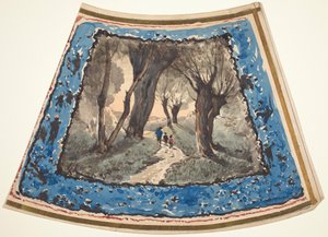 Reisende auf einem bewaldeten Pfad mit einem Rand aus skurrilen Figuren und Affen von Henri-Joseph Harpignies